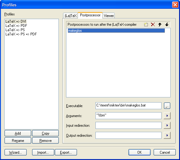 Image of TeXnicCenter's output profile dialog box